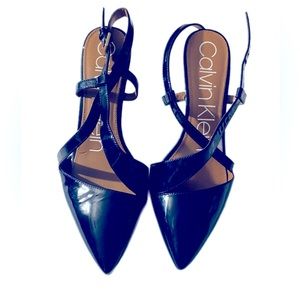 Calvin Klein Patent Leather Navy Blue Sandals With Kitten Heels